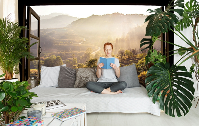 4 schlafzimmer inneneinrichtung fototapete fenster mit wasserfall große grüne pflanzen