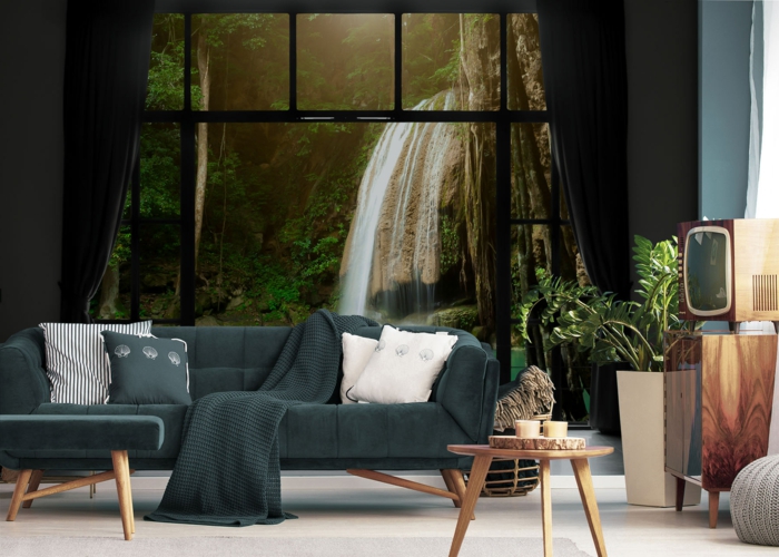 4 wohnzimmer inneneinrichtung fototapete mit wasserfall große grüne pflanzen dunkelgrüner couch