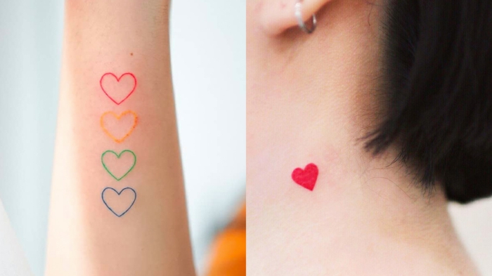 bunte tätowierungen am arm und nacken kleine tattoo ideen kleines rotes herz inspo vier herzen verschiedene farben