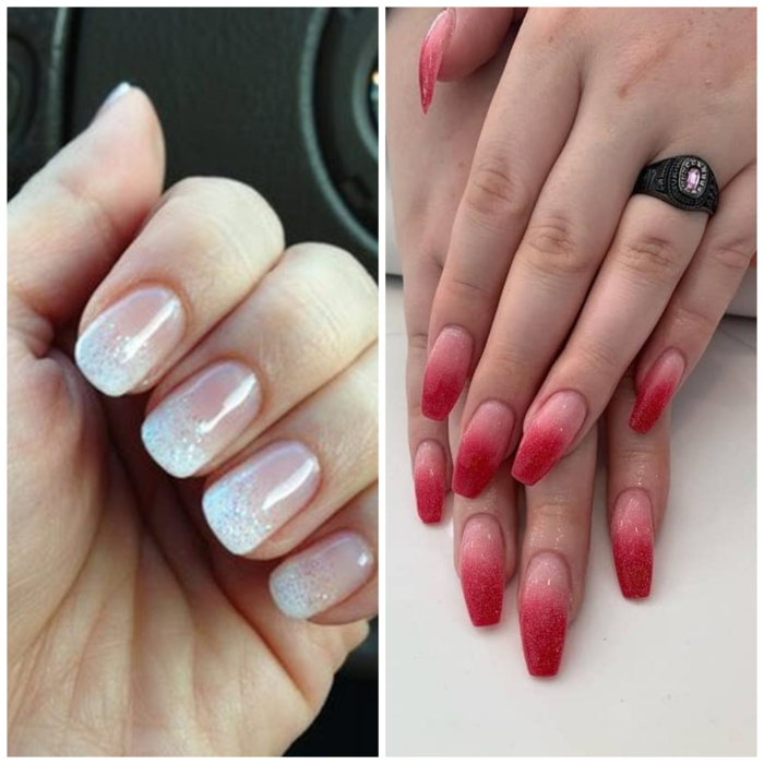 collage inspiration ombre nägel rot pink rosa weiße nägel schwarzer ring lange fingernägel mit glitzer