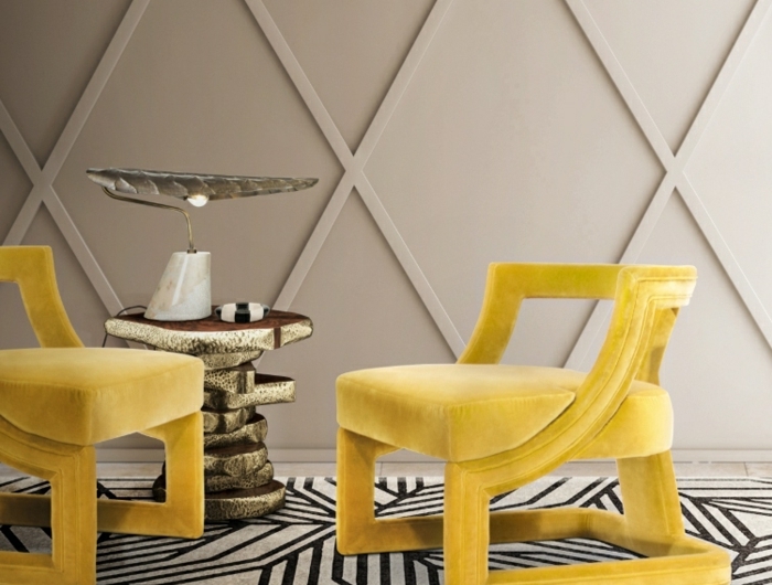 polsterstoff grau möbelstoff kaufen stoff für stühle wählen moderne farbe 2021 gelb grau zwei stühle gelb