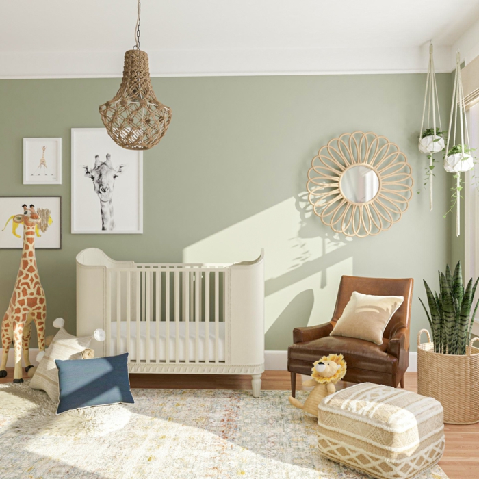 sofa babybett babyzimmer einrichten grüne wand