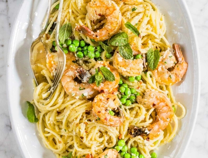 spaghetti rezepte einfach schnelles gericht mit garnelen pasta und grünen bohnen gesundes abendessen