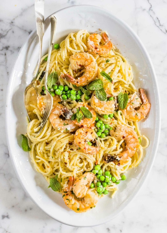 spaghetti rezepte einfach schnelles gericht mit garnelen pasta und grünen bohnen gesundes abendessen