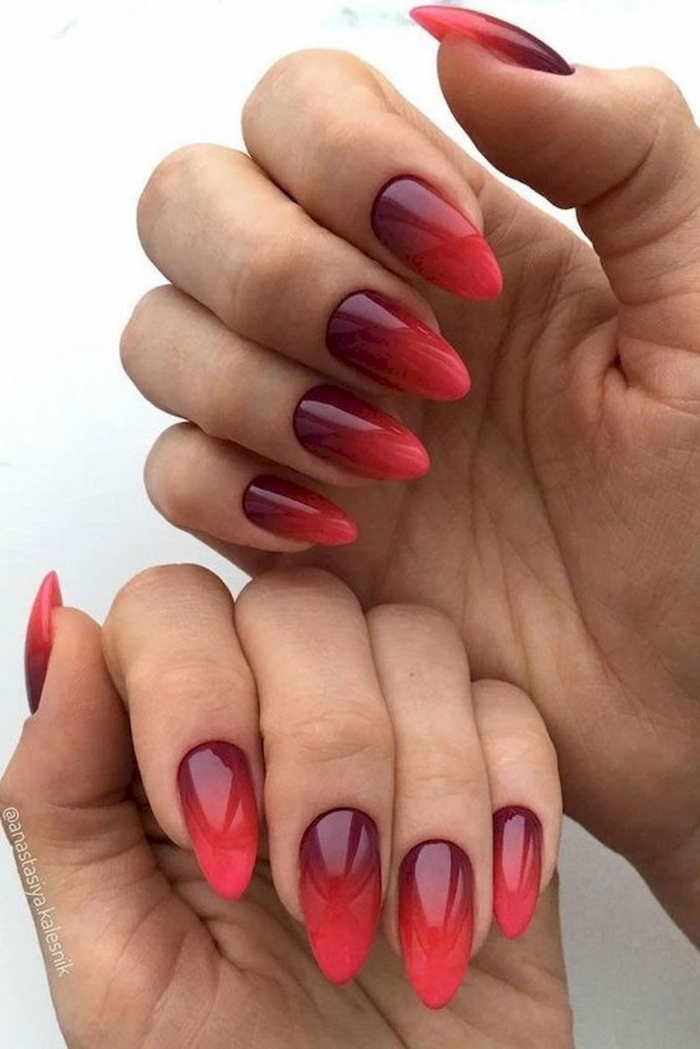 stiletto nagelform lange fingernägel inspiration verlaufender nagellack verschiedene rote töne