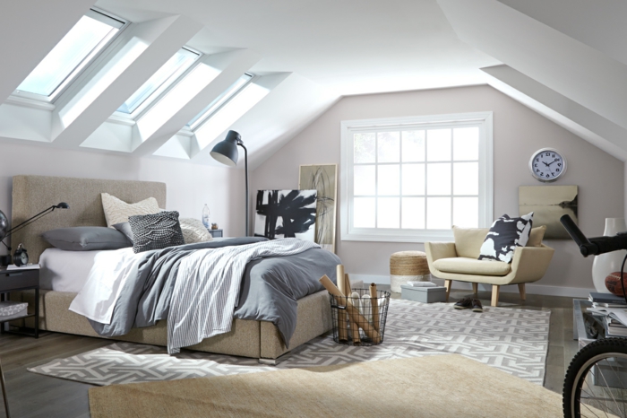 abstraktes schwarz weißes gemälde modernes schlafzimmer einrichtung velux fenster einbauen minimalistische einrichtung