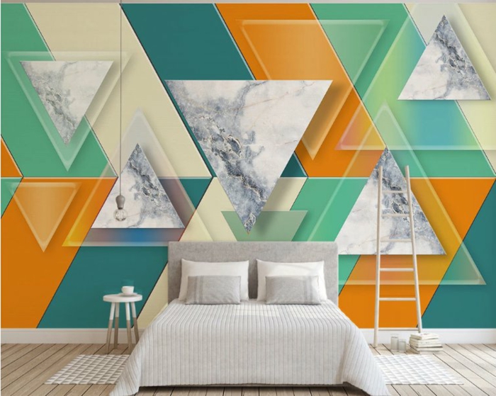 fototapeten schlafzimmer auswählen wände fototapete uwalls dreiecke abstrakt bunt orange grün
