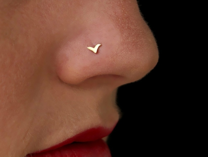 goldener stecker nasenpiercing nostril roter lippenstifft nahaufnahme gesicht schwarzer hintergrund foto piercing ideen und inspiration