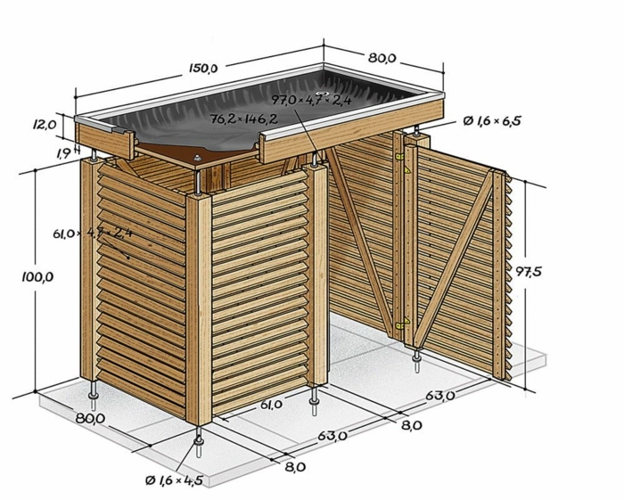 mülltonnenverkleidung ideen mülltonnenbox holz selber bauen zeichnung plan größe mülltonnenbox bepflanzbar