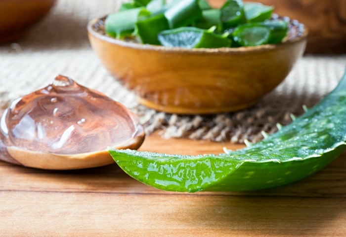 aloe vera leaf, with aloe vera gel and slices in the background