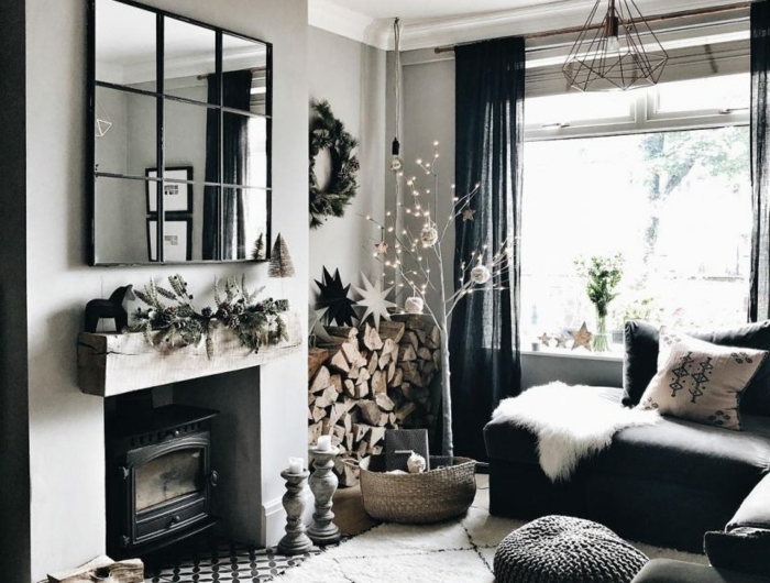 interior design schwarz graue farben wohnzimmer mit kamin was ist hygge einrichtung inspiration großer spigel