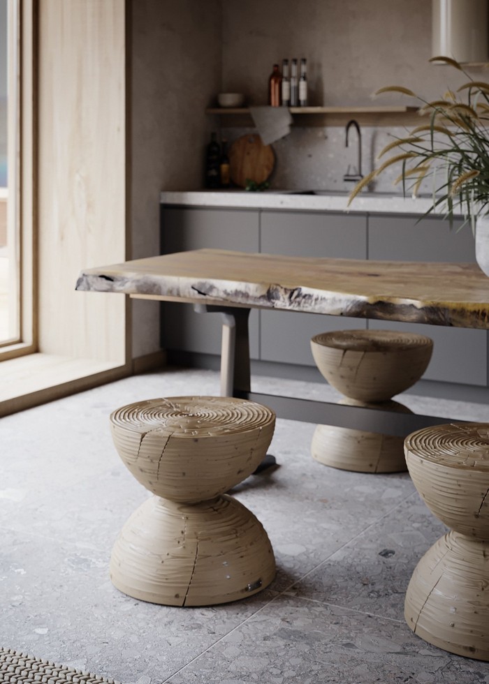 japanischer einrichtungsstil japanischer minimalismus wabi sabi wohnen wabi sabi interior wohnzimmer japanischer stil wohnzimmer holztisch holz stühle hocker