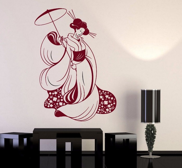 japanischer minimalismus wabi sabi wohnen wabi sabi interior wandtattoo japanische geisha wohnzimmer japanisch einrichten schwarze möbel lampe