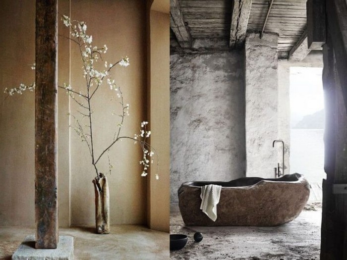 moderne japanische wohnung wabi sabi wabi sabi interior badezimmer japanische einrichtung vane aus stein bonsai pflanz holz marmor boden
