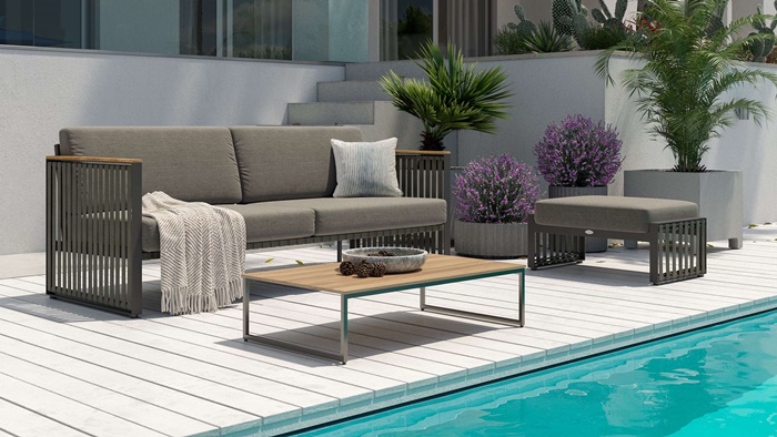 outdoor bereich außenmöbel hochwertige gartenmäbel gartensofa sofa mit grauen sitzkissen gartengestaltung ideen