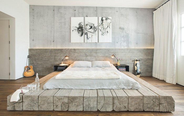 wabi sabi wohnen moderne japanische wohnung wabi sabi schlafzimmer japanischer stil bett auf holzrahmen wände in hellgrau wandcollage