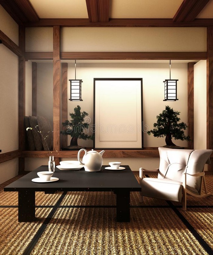 wohnzimmer japanisch einrichten japanische inneneinrichtung wabi sabi wohnen wabi sabi wohnzimmer japanischer stil niedriger schwarzer teetisch sofa grau bonsai pflanzen