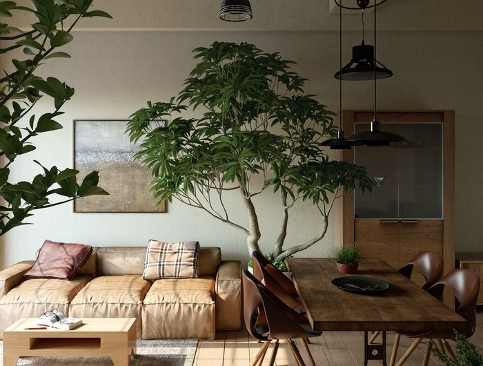 wohnzimmer japanischer still wabi sabi wohnen wabi sabi interior japanisches wohnzimmer naturfarben dunkel ledersofa große pflanze bonsai