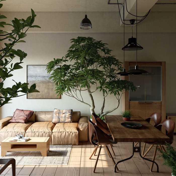 wohnzimmer japanischer still wabi sabi wohnen wabi sabi interior japanisches wohnzimmer naturfarben dunkel ledersofa große pflanze bonsai