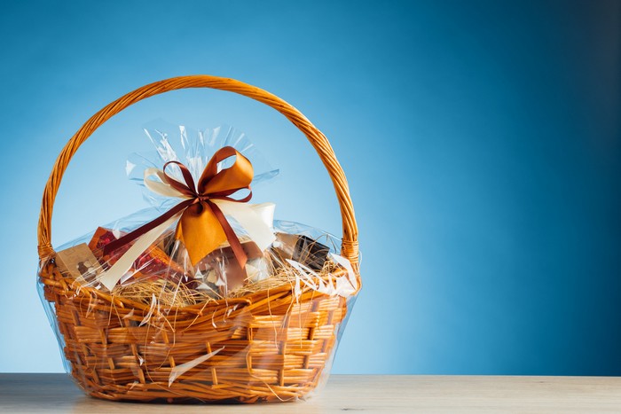 gift basket on blue background