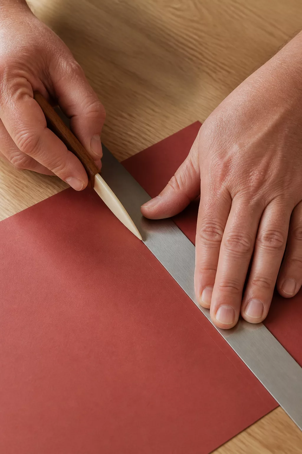 Falzbein zieht eine Rille am Stahllineal in Tonkarton