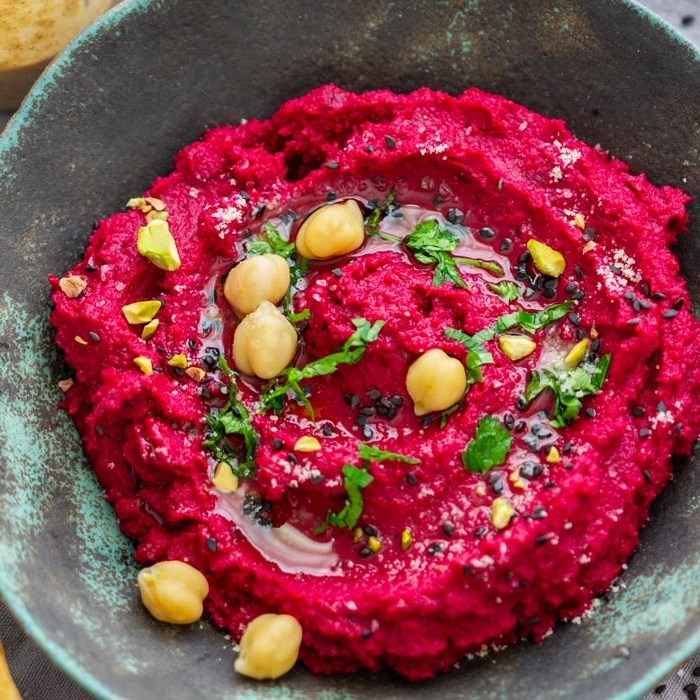 hummus rezept ohne tahini gesund lecker vegan wenige zutaten rote beete kichererbsen