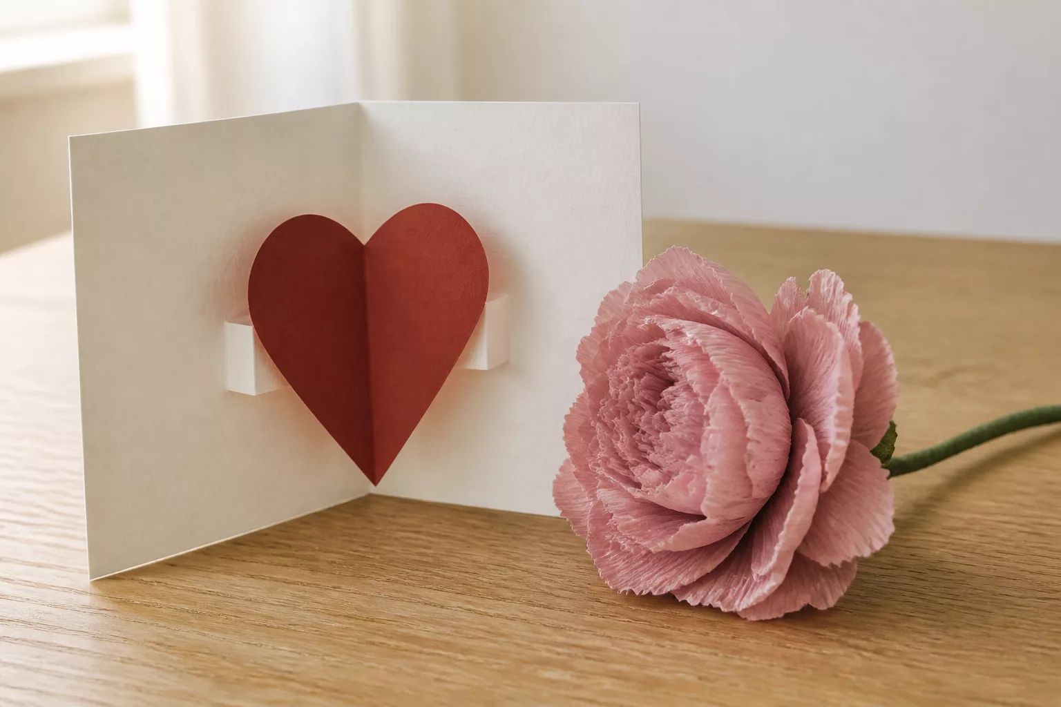 Basteln für Muttertag mit Papier: Pop-up-Herzkarte und Papier-Pfingstrose