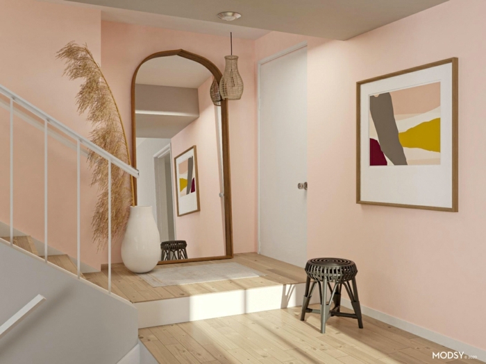 pastellfarben wände und bilder großer spiegel weiße vase schwarzer stuhl farben treppenhaus beispiele inneneinrichtung tendenzen 2021