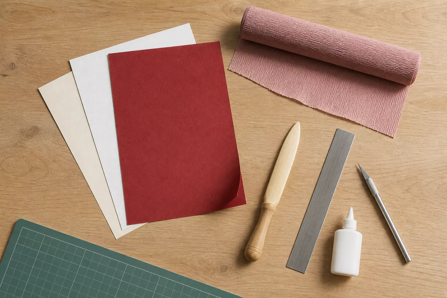Tonkarton, Krepppapier und Werkzeug für Muttertagsgeschenke aus Papier