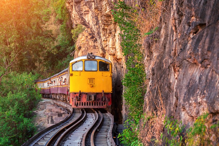 thai retro train in kanchanaburi, thailand.