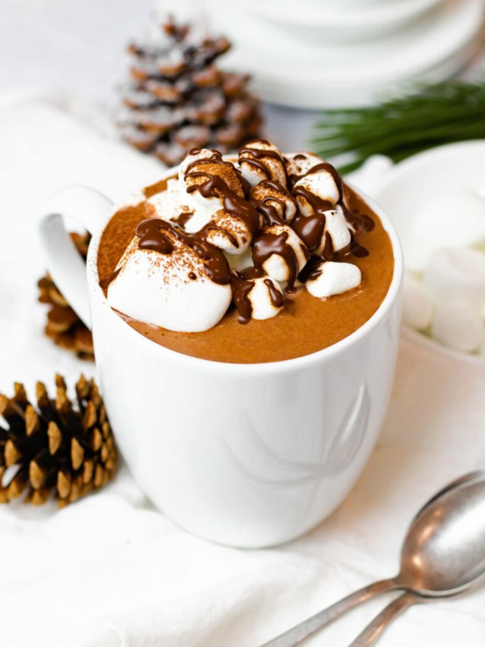 weihnachtsdekoration tannenzapfen weiße tasse mit schokolade heißer kakao selber zubereiten