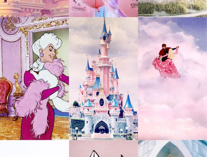 collage disney figuren aschenputtel mickey mouse disney schloss pink aesthetic wallpaper süße hintergrundbilder disney