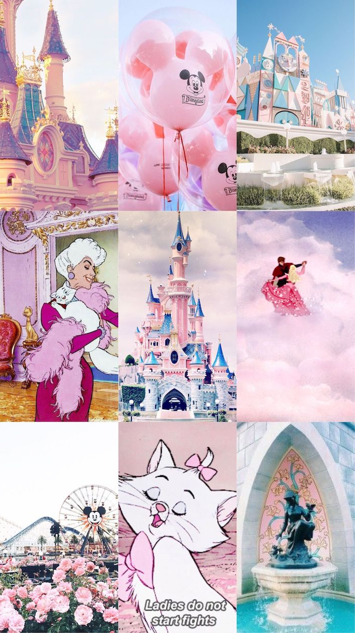 collage disney figuren aschenputtel mickey mouse disney schloss pink aesthetic wallpaper süße hintergrundbilder disney