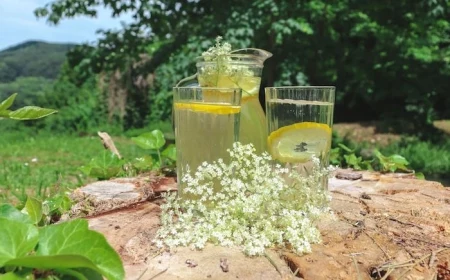 ein garten mi grünen bäumen und gras holunderblütensirup rezept gläser mit gelbem holunderblütensirup und geschnittenen zitronen