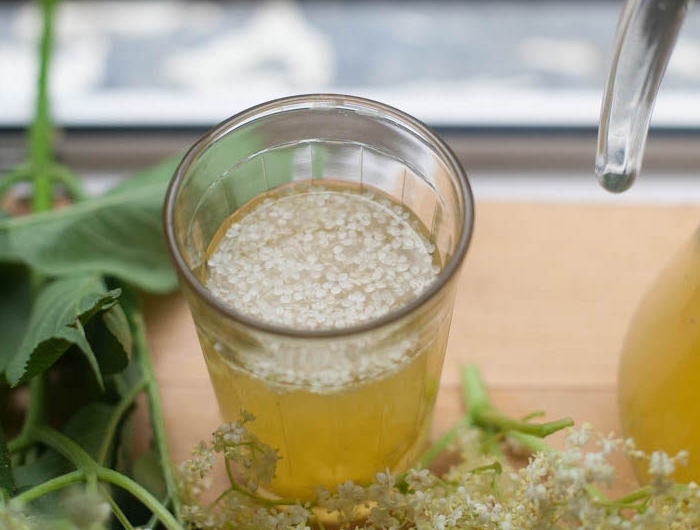 ein glas mit einem saft holunderblütensirup ohne zucker selber machen ein tisch aus holz