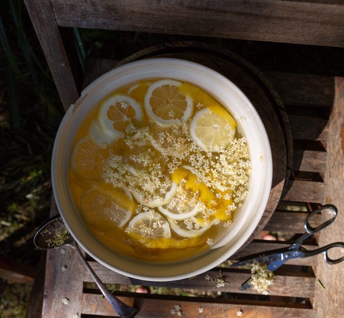 eine schere holunderblütensirup selber machen eine schüsssel mit wasser holunderblütensirup und zitronen