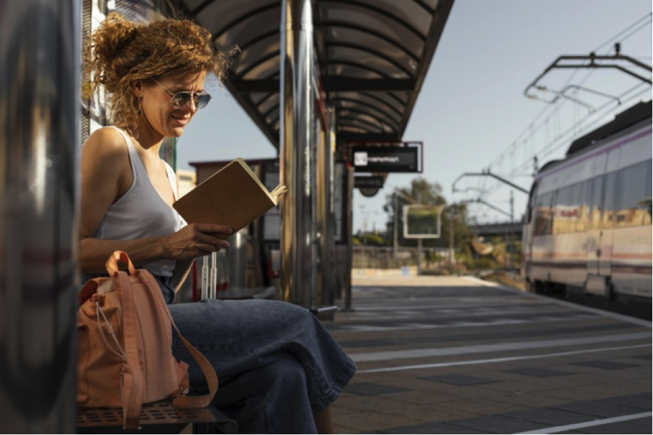 lesevorschläge für den sommer für reisen leseempfehlungen für 2021 frau sonnenbrillen am bahnsteig sitzt mit buch liest mit rosa rucksack