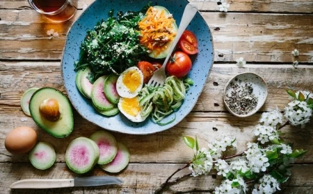 tisch aus holz salate zum grillen schnell gemacht eine schüssel mit salat und eiern messer weiße blumen