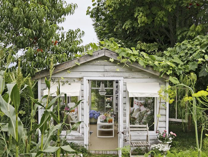 viele grüne pflanzen und bäume renoviertes kleines gartenhaus mit tisch und sofa außeneinrichtung ideen und inspiration
