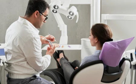 zahnarzt mit patientin auf dem stuhl