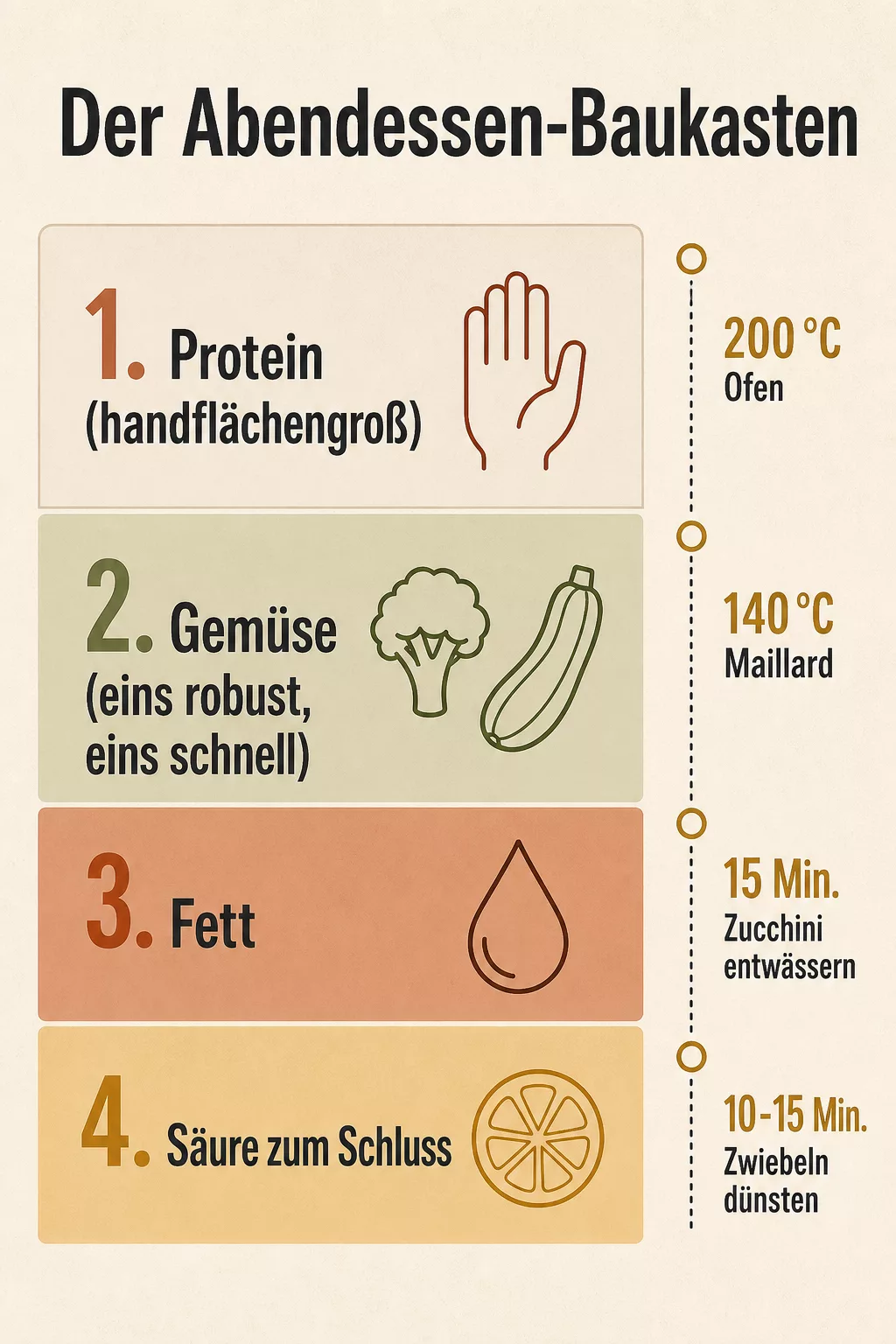 Infografik: der Abendessen-Baukasten mit Zeiten und Temperaturen