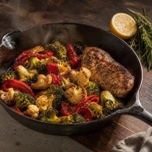 Abendessen ohne Kohlenhydrate: geröstetes Gemüse mit Fleisch in der Pfanne
