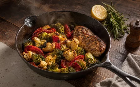 Abendessen ohne Kohlenhydrate: geröstetes Gemüse mit Fleisch in der Pfanne