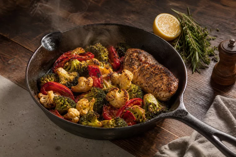 Abendessen ohne Kohlenhydrate: geröstetes Gemüse mit Fleisch in der Pfanne