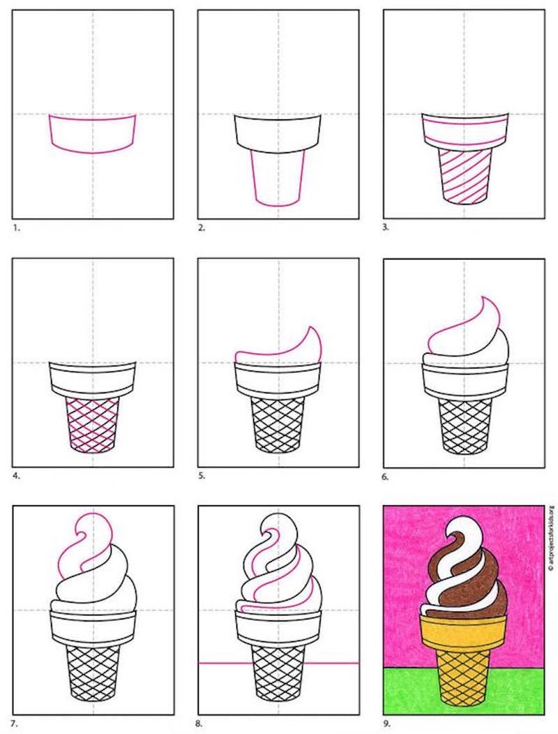 einfache skizzen icecream in neun schritte illustriert gefärbt