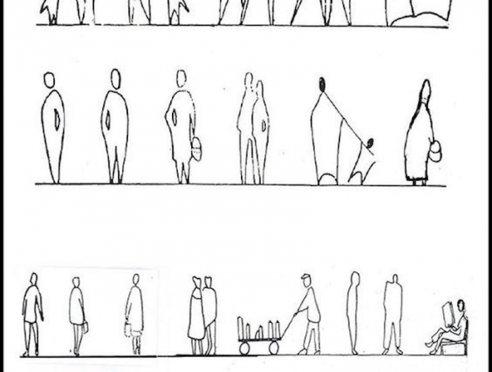 einfache skizzen viele menschen in vier reihen illustriert