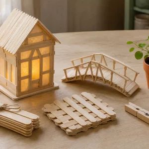 Basteln mit Eisstielen: fertige Projekte wie Laternenhaus und Brücke auf Holztisch