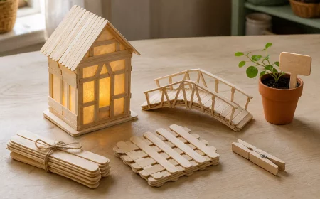 Basteln mit Eisstielen: fertige Projekte wie Laternenhaus und Brücke auf Holztisch