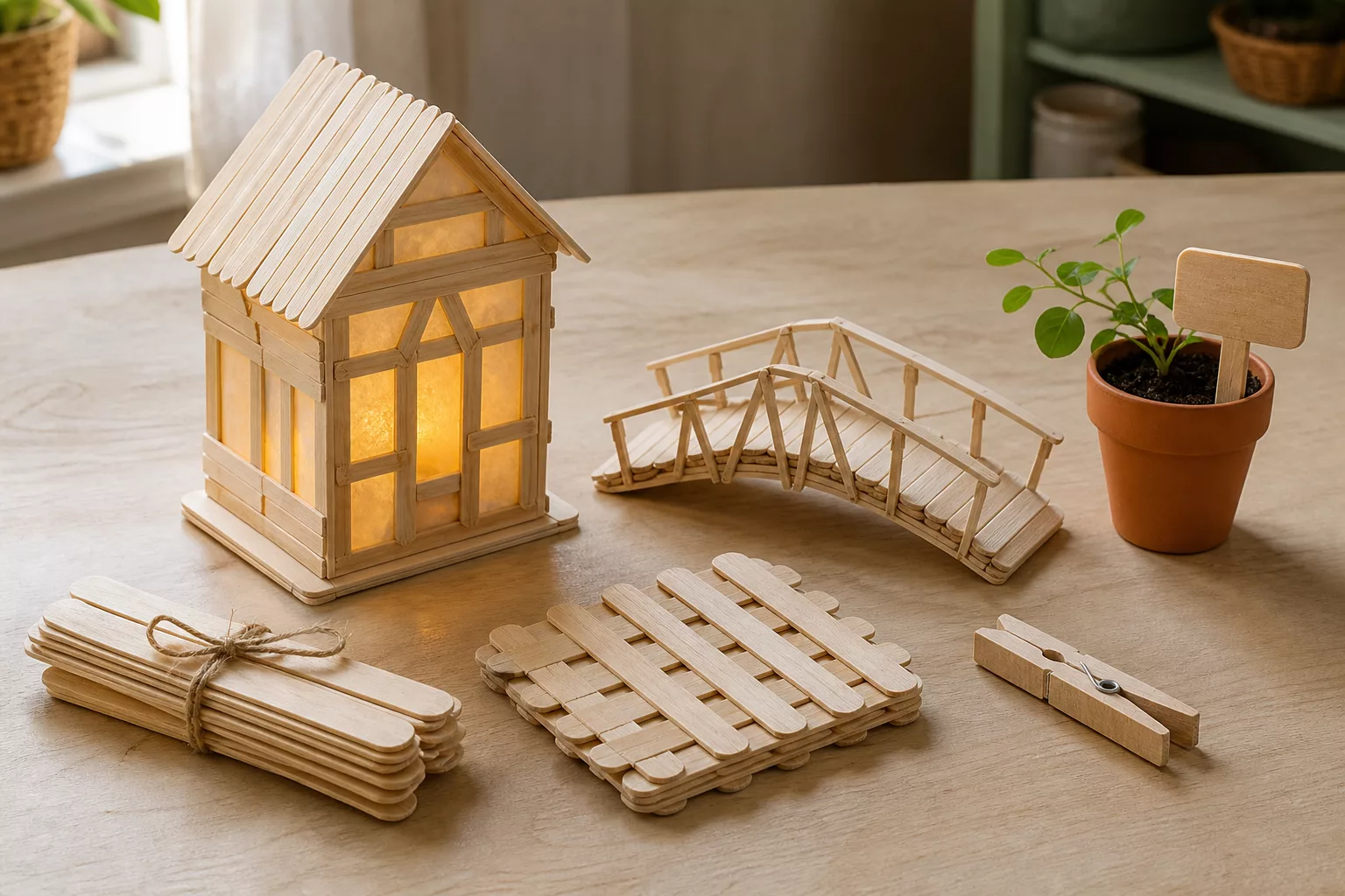 Basteln mit Eisstielen: fertige Projekte wie Laternenhaus und Brücke auf Holztisch
