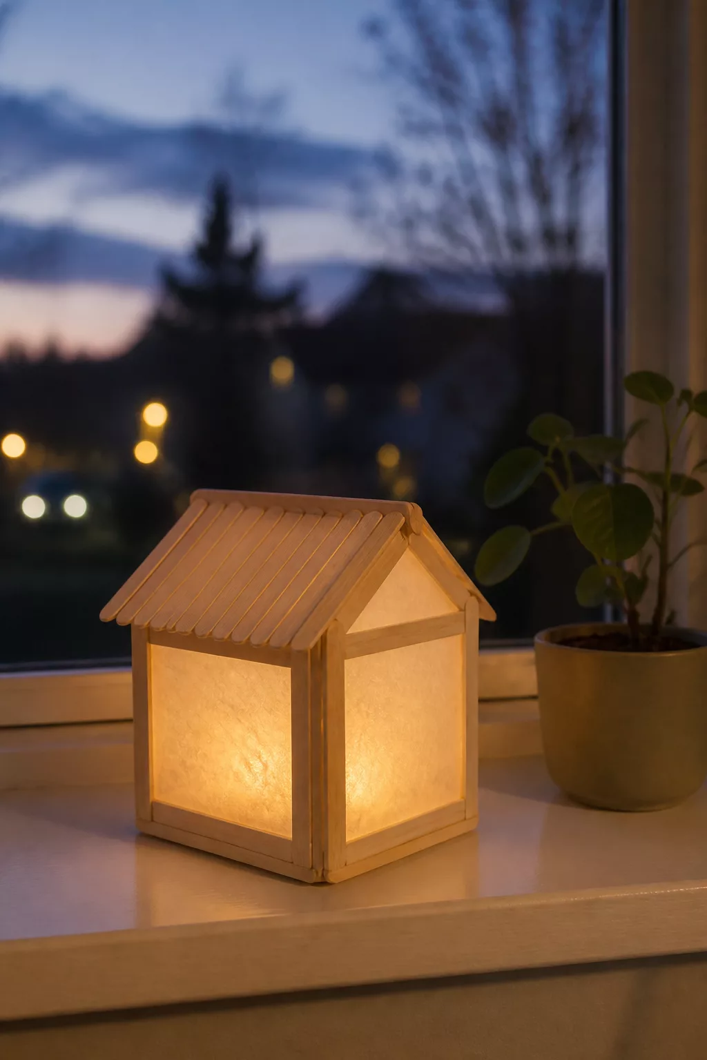Laternenhaus aus Eisstielen mit warmem LED-Licht auf der Fensterbank